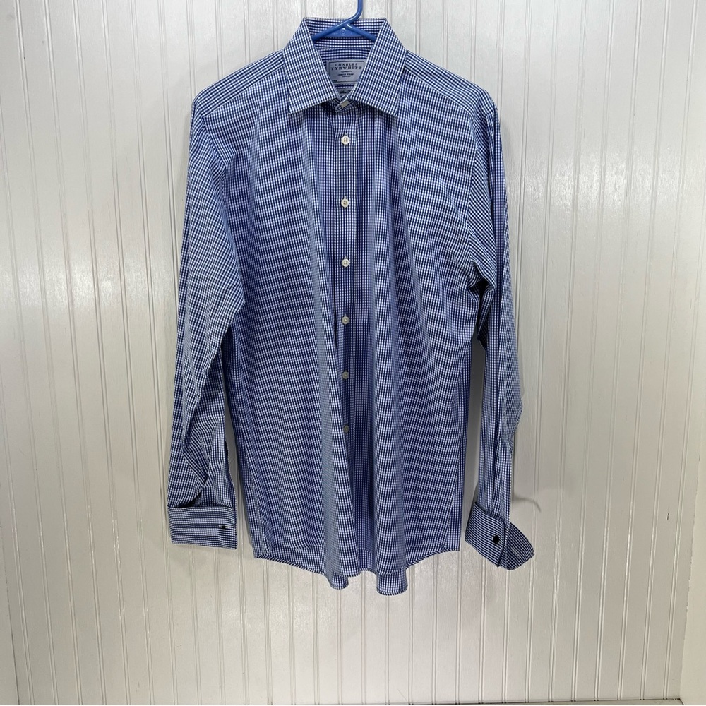 Charles Tyrwhitt Slim Fit Gingham Dress Shirt Blue White 16 / 36 Non-Iron